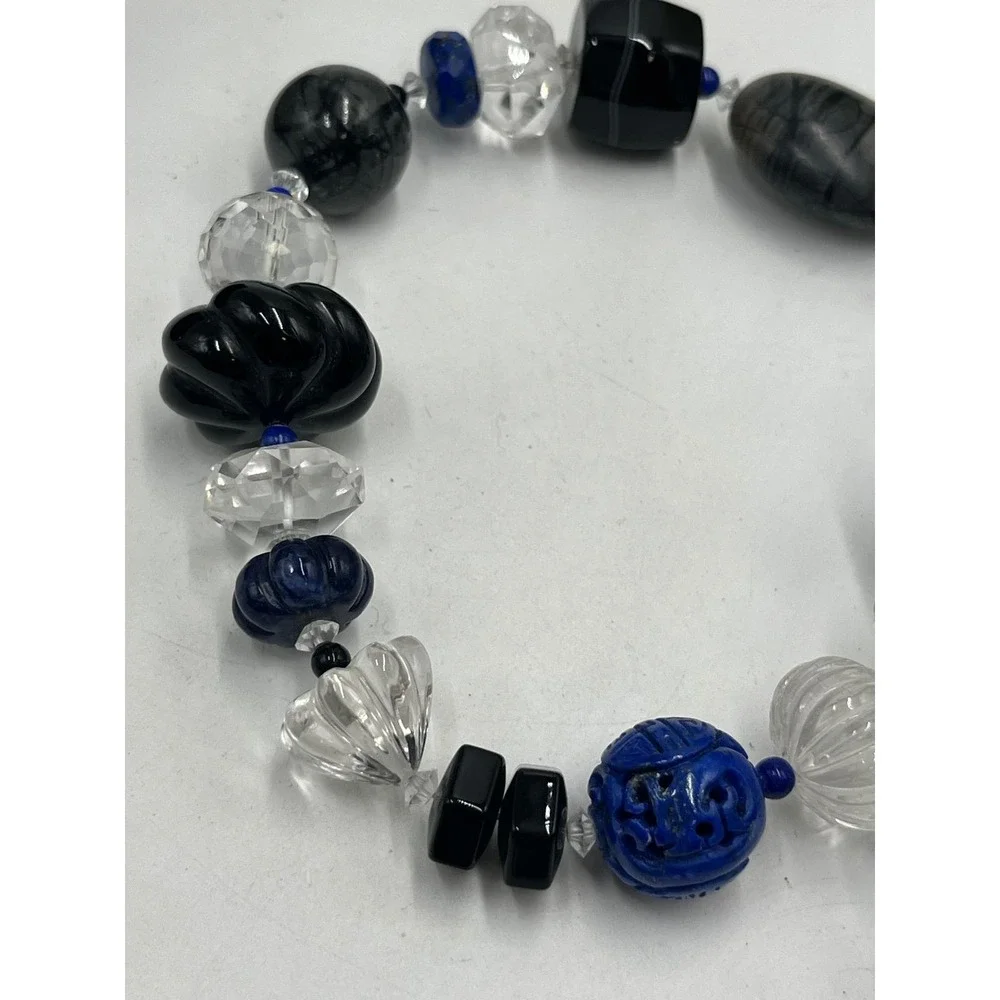 Neckings‎ by Paulette One of a Kind Chunky Carved Rock Quartz Blue Sodalite Onyx